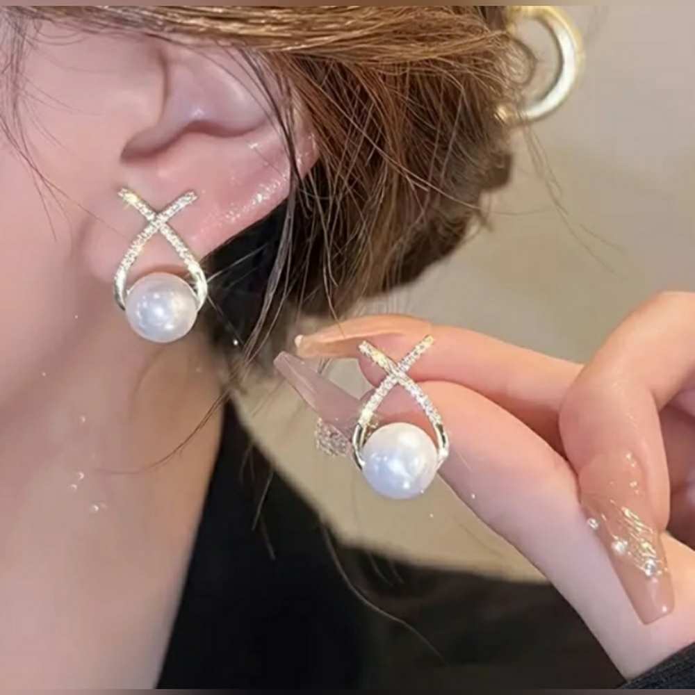 Cross Shaped Silver imitation Pearl earrings, NWT